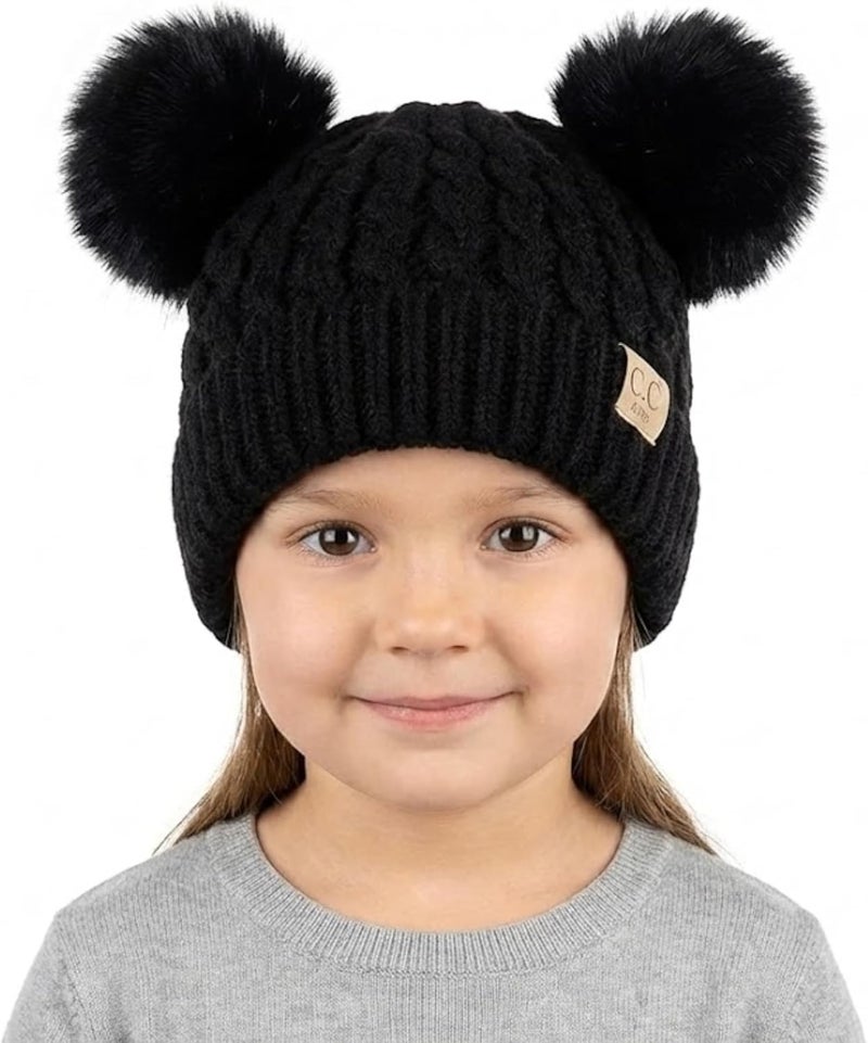 Funky Junque Toddler Double Pom Pom Beanie – Warm Knit Winter Hat for Girls Ages 1–6, Soft Kids Poms Beanies for Cold Weather - Image 1